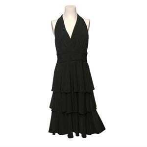 Evan Picone Dress Black Matte Tiered Halter V Neck Sinched Waist Stretchy sz 6